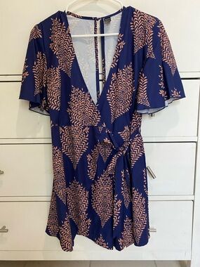 Navy Blue Floral with Pink Leaf Print Jumpsuit